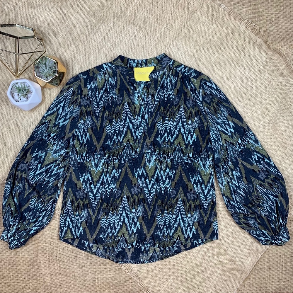 AARON ASHE Top Blouse Silk Blue Green Balloon